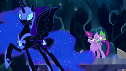 Size: 1000x563 | Tagged: safe, imported from ponybooru, screencap, nightmare moon, princess luna, spike, twilight sparkle, alicorn, dragon, pony, the cutie re-mark, female, glowing horn, horn, male, on back, raised hoof, riding a pony, shocked, shrunken pupils, solo, spread wings, trio, twilight sparkle (alicorn), wings