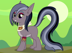 Size: 2756x2053 | Tagged: safe, artist:badumsquish, derpibooru exclusive, imported from derpibooru, oc, oc only, hybrid, monster pony, blank flank, bracelet, eyebrows, eyeshadow, female, fortress of talacon, green sclera, green sky, grin, jewelry, lidded eyes, long tail, looking at you, makeup, mare, mountain, neckerchief, parent:ahuizotl, parent:daring do, pointed ears, prehensile tail, sharp teeth, sky, smiling, smirk, solo, sun, tail hand, teeth, treetop