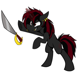 Size: 4389x4086 | Tagged: safe, artist:adilord, imported from derpibooru, oc, oc only, oc:yashn, pony, unicorn, bipedal, ear piercing, gold tooth, grin, magic, male, piercing, pirate, raised hoof, simple background, smiling, solo, stallion, sword, telekinesis, transparent background, weapon