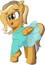 Size: 1480x2100 | Tagged: safe, artist:potato22, imported from derpibooru, oc, oc only, oc:mareota, pegasus, pony, derpibooru community collaboration, 2021 community collab, blushing, clothes, female, hairband, hat, hoodie, mare, open mouth, ponytail, simple background, skirt, smiling, solo, transparent background, transparent skirt