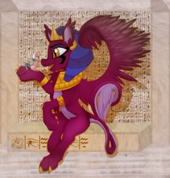 Size: 1024x1077 | Tagged: safe, artist:monikakryza, artist:redi, imported from derpibooru, somnambula, sphinx (character), pegasus, pony, sphinx, duo, egyptian, egyptian headdress, egyptian pony, hieroglyphics, holding a pony, in goliath's palm, macro, micro, size difference