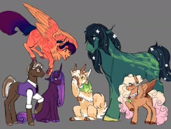 Size: 1280x967 | Tagged: safe, artist:vintagefeline, imported from derpibooru, oc, oc only, oc:autumn ambrosia cider, oc:ragamuffin, oc:smudged serif, oc:strawberry milk, oc:sundappled pond, oc:velvet, earth pony, hybrid, pegasus, pony, unicorn, female, gray background, interspecies offspring, magical lesbian spawn, male, mare, next generation, offspring, parent:applejack, parent:capper dapperpaws, parent:discord, parent:dumbbell, parent:fluttershy, parent:pinkie pie, parent:rainbow dash, parent:rarity, parent:rockhoof, parent:tempest shadow, parents:applecord, parents:capperdash, parents:doctwi, parents:dumbpie, parents:rockshy, parents:tempity, simple background, stallion