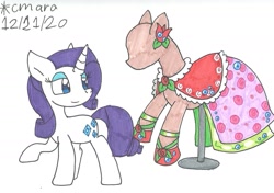 Size: 1323x932 | Tagged: safe, artist:cmara, imported from derpibooru, pony, unicorn, clothes, dress, eyeshadow, female, hoof shoes, makeup, mannequin, mare, raised hoof, simple background, solo, traditional art, white background