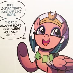 Size: 2048x2048 | Tagged: safe, artist:brendahickey, idw, imported from derpibooru, somnambula, pegasus, pony, spoiler:comic, spoiler:comiclom5, glowpaz, hope, open mouth, raised hoof, smiling, solo, speech bubble, underhoof