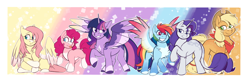 Size: 5930x1940 | Tagged: safe, artist:maikatystar, imported from derpibooru, applejack, fluttershy, pinkie pie, rainbow dash, rarity, twilight sparkle, alicorn, earth pony, pegasus, pony, unicorn, :p, blaze (coat marking), chest fluff, coat markings, colored wings, dappled, ear fluff, facial markings, female, leonine tail, mane six, mare, missing cutie mark, multicolored wings, pale belly, raised hoof, socks (coat marking), socks (coat markings), spread wings, tongue out, twilight sparkle (alicorn), wings