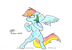 Size: 1024x716 | Tagged: safe, artist:gafelpoez, imported from derpibooru, rainbow dash, pony, belly button, bipedal, fighting stance, signature, solo