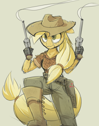 Size: 1152x1470 | Tagged: safe, artist:ikarooz, imported from derpibooru, applejack, anthro, earth pony, boots, clothes, cowboy hat, gun, handgun, hat, holster, pants, revolver, shirt, shoes, simple background, smiling, smoking gun, solo, weapon