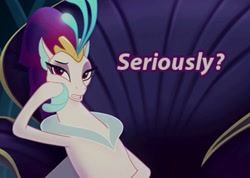 Size: 713x508 | Tagged: safe, edit, edited screencap, imported from derpibooru, screencap, queen novo, seapony (g4), my little pony: the movie, bored, caption, crown, eyelashes, female, fin wings, fins, image macro, jewelry, purple eyes, queen, queen novo is not amused, raised eyebrow, reaction image, regalia, seaquestria, seriously, solo, teeth, text, throne, underwater, water, wings