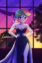 Size: 750x1125 | Tagged: safe, artist:lumineko, imported from derpibooru, rainbow dash, equestria girls, adorasexy, alternate hairstyle, bare shoulders, beautiful, beautiful eyes, beautiful hair, blushing, breasts, cleavage, clothes, colored pupils, cute, dashabetes, dress, evening, evening gown, eyebrows, eyebrows visible through hair, eyeshadow, female, hand on hip, hands on hip, legs, looking at you, makeup, multicolored hair, ponytail, rainbow dash always dresses in style, sexy, shiny, shiny eyes, shiny hair, side slit, sleeveless, solo, solo female, stars, strapless, stupid sexy rainbow dash, window, woman
