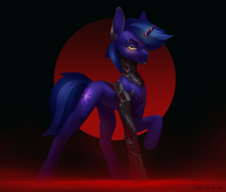 Size: 5861x4959 | Tagged: safe, artist:dashid, imported from derpibooru, oc, oc only, oc:cosmic embers, original species, unicorn, friendship is magic, augmented, cyber legs, cybernetic eyes, cyberpunk, cyberpunk 2077, gradient background, heterochromia, horn, male, simple background, solo, stallion, unicorn oc