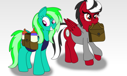 Size: 1280x771 | Tagged: safe, artist:lynnthenerdkitty, imported from derpibooru, oc, oc:shatter misty cloud, oc:starshine twinkle, pegasus, pony, baby bottle, bag, clothes, diaper, diaper bag, diaper fetish, duo, duo female, female, fetish, foal bottle, grin, hoodie, mouth hold, ponified, saddle bag, shatter (transformers), shirt, smiling, transformers