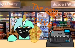 Size: 1528x997 | Tagged: safe, artist:melodysketch, imported from derpibooru, lyra heartstrings, pony, unicorn, cash register, food, gas station, gun, l.u.l.s., magic, magic weapon, needs more jpeg, oats, offscreen character, pov, robbery, solo, stealing, that pony sure does love oats, threat, weapon
