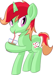 Size: 1013x1428 | Tagged: safe, artist:notadeliciouspotato, imported from derpibooru, oc, oc only, oc:jonin, pony, unicorn, hoof hold, horn, iced coffee, looking at you, male, simple background, sipping, smiling, solo, stallion, straw, transparent background