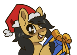 Size: 939x676 | Tagged: safe, artist:goshhhh, imported from derpibooru, oc, oc only, oc:crisom chin, pegasus, pony, christmas, commission, happy, hat, holiday, present, ribbon, santa hat, simple background, solo, transparent background, unshorn fetlocks, white pupils, ych result