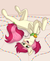 Size: 2500x3000 | Tagged: safe, artist:chibadeer, imported from derpibooru, roseluck, pony, behaving like a cat, belly, chest fluff, collar, commissioner:doom9454, cute, fangs, fluffy, garland, lying down, on back, pet tag, pony pet, rosepet