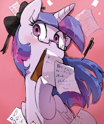 Size: 1302x1548 | Tagged: safe, artist:fuyugi, artist:nendo, imported from derpibooru, twilight sparkle, alicorn, pony, bow, eyelashes, female, glasses, hair bow, looking at you, misleading thumbnail, mouth hold, pen, purple eyes, solo, twilight sparkle (alicorn)