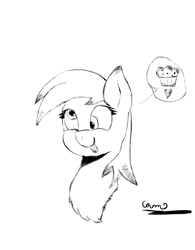 Size: 468x600 | Tagged: safe, artist:@cameron, imported from derpibooru, derpy hooves, pegasus, pony, bust, cute, fluffy, food, heart, lineart, muffin, portrait, smiling, thinking, tongue out