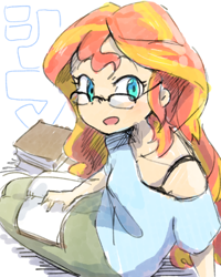 Size: 1024x1280 | Tagged: safe, artist:fuyugi, artist:nendo, imported from derpibooru, sunset shimmer, equestria girls, adorkable, anime style, bra, bra strap, clothes, cute, dork, glasses, open clothes, shimmerbetes, solo, sweet dreams fuel, underwear