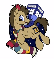 Size: 1863x2048 | Tagged: dead source, safe, alternate version, artist:impossumable, artist:sophieascruggs, artist:sophillia, imported from derpibooru, doctor whooves, time turner, earth pony, pony, clothes, doctor who, fez, hat, male, mouth hold, scarf, simple background, solo, sonic screwdriver, stallion, striped scarf, tardis, the doctor, white background