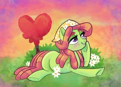 Size: 2048x1478 | Tagged: dead source, safe, artist:sophieascruggs, artist:sophillia, imported from derpibooru, tree hugger, earth pony, pony, abstract background, blushing, cute, female, flower, hoof on chin, huggerbetes, lying down, mare, missing cutie mark, prone, smiling, solo, tree