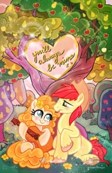 Size: 828x1280 | Tagged: safe, artist:sophieascruggs, artist:sophiescruggs, artist:sophillia, imported from derpibooru, bright mac, pear butter, earth pony, pony, apple, apple tree, blushing, brightbutter, colored pupils, female, food, guitar, hat, intertwined trees, looking at each other, male, mare, musical instrument, pear tree, shipping, stallion, straight, tree