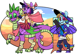 Size: 1909x1338 | Tagged: safe, artist:spudsmcfrenzy, imported from derpibooru, rainbow dash, spike, twilight sparkle, anthro, dragon, pony, unguligrade anthro, comic:outlaw au, older, ponies riding dragons, riding, simple background, transparent background, twilight riding spike