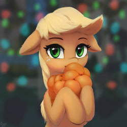 Size: 2048x2048 | Tagged: safe, artist:quvr, imported from derpibooru, applejack, earth pony, pony, applebetes, cute, dishonorapple, female, floppy ears, food, fruit heresy, hatless, herbivore, irony, jackabetes, looking at you, mare, missing accessory, orange, solo, sweet dreams fuel, tangerine