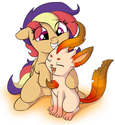 Size: 1808x1968 | Tagged: safe, artist:heretichesh, imported from derpibooru, oc, oc:crystal rose, oc:cypress, crystal pony, leafeon, pony, alternate color palette, duo, female, friendship, happy, male, mare, pokémon, simple background, sitting, transparent background