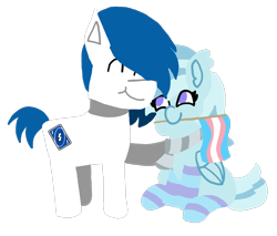 Size: 7316x6239 | Tagged: safe, artist:switcharoo, derpibooru exclusive, imported from derpibooru, oc, oc only, oc:icy cube, oc:switcharoo, earth pony, pegasus, pony, derpibooru community collaboration, 2021 community collab, clothes, couple, cute, cutie mark, earth pony oc, female, flag, happy, looking at each other, male, mare, ocbetes, pegasus oc, pride, pride flag, scarf, simple background, sitting, socks, stallion, standing, striped scarf, striped socks, thigh highs, transgender, transgender pride flag, transparent background, uno, uno reverse card, wings