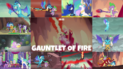 Size: 1966x1108 | Tagged: safe, edit, edited screencap, editor:quoterific, imported from derpibooru, screencap, garble, princess celestia, princess ember, princess luna, rarity, spike, twilight sparkle, alicorn, gauntlet of fire, armor, bloodstone scepter, twilight sparkle (alicorn), twilight's castle