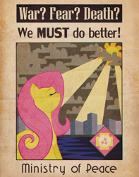 Size: 1616x2048 | Tagged: safe, artist:droakir, imported from derpibooru, fluttershy, sunbeam, pegasus, pony, fallout equestria, anti-war, fanfic art, ministry mares, ministry of peace, poster, propaganda, propaganda poster, solo, sun beam, sun rays, text