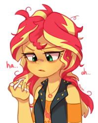 Size: 1701x2134 | Tagged: safe, artist:maren, imported from derpibooru, imported from ponybooru, sunset shimmer, equestria girls, equestria girls series, rollercoaster of friendship, bags under eyes, bandage, bandaid, bandaid on nose, clothes, cutie mark, cutie mark on clothes, dialogue, female, geode of empathy, magical geodes, messy hair, sleep deprivation, solo, tired, vest