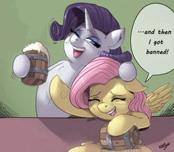 Size: 1280x1122 | Tagged: safe, artist:kevinsano edits, edit, imported from derpibooru, fluttershy, rarity, pegasus, pony, unicorn, alcohol, banned, cider, cider mug, drunk, drunk rarity, drunkershy, eyes closed, hard cider, laughing, meme, mug, one eye closed, smiling, story, teeth