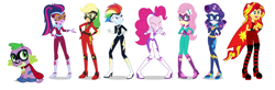 Size: 3385x1106 | Tagged: safe, artist:meaing2003, artist:mintjtwn, imported from derpibooru, applejack, fili-second, fluttershy, humdrum, masked matter-horn, mistress marevelous, pinkie pie, radiance, rainbow dash, rarity, saddle rager, sci-twi, spike, spike the regular dog, sunset shimmer, twilight sparkle, zapp, dog, human, equestria girls, movie magic, spoiler:eqg specials, cape, clothes, eyes closed, humane five, humane seven, humane six, open mouth, power ponies, simple background, transparent background, vector