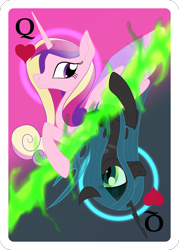 Size: 1500x2100 | Tagged: safe, artist:sixes&sevens, imported from derpibooru, princess cadance, queen chrysalis, alicorn, changeling, changeling queen, female, looking at each other, playing card, queen of hearts