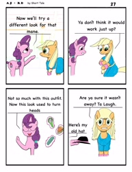 Size: 2550x3300 | Tagged: safe, artist:short tale, imported from derpibooru, applejack, rainbow dash, sugar belle, earth pony, unicorn, comic:aj+rd, advice, appledash, brush, comb, comedy, comic, comic strip, date, digital art, female, hairstyle, happy, hat, lesbian, romance, shipping, shocked, shocked expression, worried