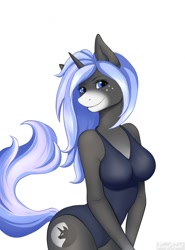 Size: 946x1280 | Tagged: safe, artist:furrycrystal, imported from derpibooru, oc, oc only, anthro, unicorn, breasts, clothes, commission, cutie mark, digital art, female, horn, looking at you, one-piece swimsuit, simple background, solo, solo female, swimsuit, tail, thighs, white background, ych result