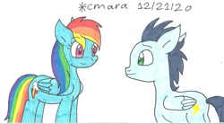 Size: 1373x756 | Tagged: safe, artist:cmara, imported from derpibooru, rainbow dash, soarin', pegasus, pony, female, looking at each other, male, mare, shipping, simple background, soarindash, stallion, straight, traditional art, white background