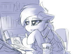 Size: 2400x1800 | Tagged: safe, artist:ravistdash, derpibooru exclusive, imported from derpibooru, oc, oc only, oc:ravist, oc:twilight thunder, pegasus, pony, bookshelf, box, cellphone, chair, chinese, clothes, coffee, computer, cute, drawing, drawing tablet, drink, female, laptop computer, mare, milk tea, monochrome, phone, photo, photo frame, shirt, sitting, smartphone, t-shirt, tired, trophy