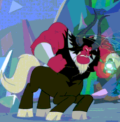 Size: 832x844 | Tagged: safe, edit, edited screencap, imported from derpibooru, screencap, lord tirek, queen chrysalis, centaur, the ending of the end, angry, animated, bell, bracer, cloven hooves, colored hooves, cropped, eyes closed, fist, grogar's bell, lip bite, male, male focus, muscles, muscular male, nose piercing, nose ring, piercing, reversed, septum piercing, solo focus, vein, vein bulge