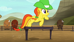 Size: 1920x1080 | Tagged: safe, imported from derpibooru, screencap, buffalo, earth pony, pony, appleoosa's most wanted, female, hat, hurdle, jumping, mare, pumpkin soup