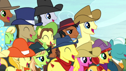 Size: 1920x1080 | Tagged: safe, imported from derpibooru, screencap, apple munchies, bandana baldwin, cherry berry, doctor whooves, goldengrape, high stakes, jade spade, jonagold, lucky clover, marmalade jalapeno popette, may fair, mccree, meadow song, sir colton vines iii, time turner, yuma spurs, earth pony, pony, appleoosa's most wanted, apple family member, appleloosa resident, female, hat, male, mare, poirot braneigh, stallion