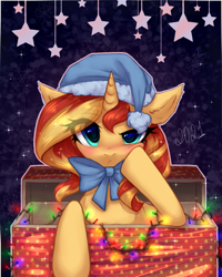 Size: 2000x2500 | Tagged: safe, artist:avrameow, imported from derpibooru, sunset shimmer, pony, unicorn, abstract background, blushing, bow, box, christmas, christmas lights, cute, eye clipping through hair, eyebrows, eyebrows visible through hair, female, hat, holiday, looking at you, mare, pony in a box, present, shimmerbetes, solo