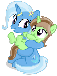 Size: 1532x2062 | Tagged: safe, artist:grapefruitface1, imported from derpibooru, trixie, oc, oc:limey lulamoon, pony, unicorn, base used, duo, female, filly, freckles, hairpin, horn, horn ring, hug, jewelry, like mother like daughter, like parent like child, looking at each other, offspring, older, older trixie, parent:oc:grapefruit face, parent:trixie, parents:canon x oc, parents:grapexie, ring, show accurate, simple background, transparent background, updated, wedding ring