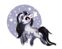 Size: 2231x1761 | Tagged: safe, artist:jaderabbit, imported from derpibooru, oc, oc only, oc:oushu, pony, unicorn, black mane, blue eyes, commission, cute, cutie mark, freckles, simple background, solo, stars