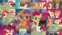 Size: 1948x1096 | Tagged: safe, edit, edited screencap, editor:quoterific, imported from derpibooru, screencap, alula, apple bloom, button mash, carrot top, cherry berry, cherry spices, dinky hooves, doctor whooves, golden harvest, lily, lily valley, lotus blossom, mango dash, pluto, roseluck, ruby pinch, tender taps, time turner, on your marks, female, male, shipping, straight, tenderbloom