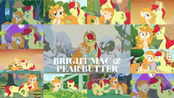 Size: 1978x1113 | Tagged: safe, edit, edited screencap, editor:quoterific, imported from derpibooru, screencap, bright mac, pear butter, the perfect pear, apple, apple tree, brightbutter, clothes, female, fence, food, guitar, male, mare in the moon, moon, musical instrument, pear tree, picnic blanket, rain, scarf, shared clothing, shared scarf, shipping, snow, straight, tree