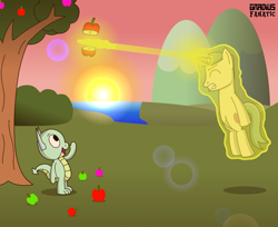 Size: 1999x1631 | Tagged: safe, artist:gradiusfanatic, imported from derpibooru, oc, oc only, oc:alex, oc:daniel, dragon, pony, unicorn, apple, blast, duo, eyes closed, food, gritted teeth, levitation, magic, magic beam, magic blast, male, self-levitation, telekinesis