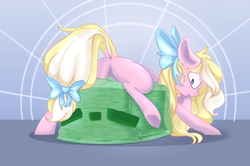 Size: 1711x1136 | Tagged: safe, artist:adelfrey, imported from derpibooru, oc, oc only, oc:bay breeze, earth pony, pegasus, pony, bow, butt, crossover, cute, dock, duo, featureless crotch, female, hair bow, mare, minecraft, open mouth, plot, slime, slime (minecraft), surprised, tail, tail bow, underhoof