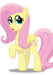 Size: 1980x2800 | Tagged: safe, artist:whitequartztheartist, imported from derpibooru, fluttershy, pegasus, pony, female, folded wings, high res, looking at you, mare, open mouth, raised hoof, simple background, solo, standing, three quarter view, white background, wings